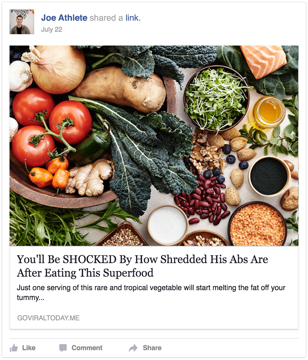 Example from Facebook showing a clickbait example from the health and wellness category.